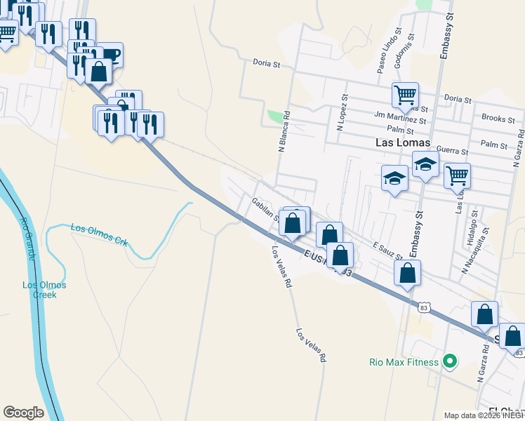 map of restaurants, bars, coffee shops, grocery stores, and more near 2 Gabilan Street in Rio Grande City