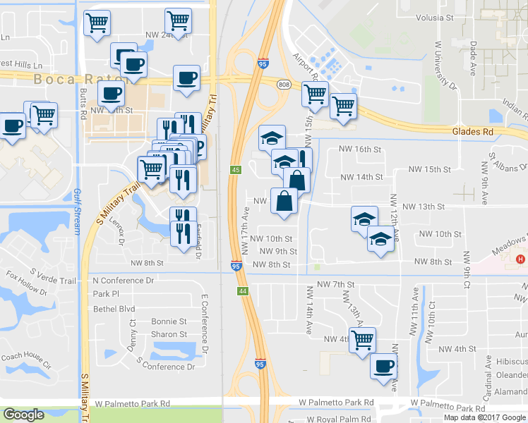 map of restaurants, bars, coffee shops, grocery stores, and more near 1220 NW 16th Ct in Boca Raton