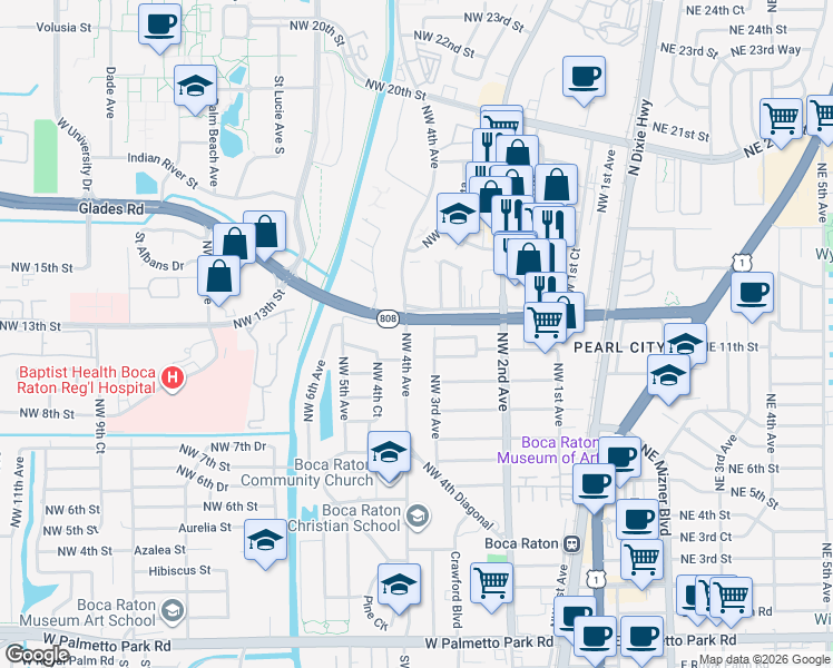 map of restaurants, bars, coffee shops, grocery stores, and more near 1201 Northwest 4th Avenue in Boca Raton