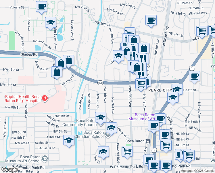 map of restaurants, bars, coffee shops, grocery stores, and more near 1201 Northwest 4th Avenue in Boca Raton