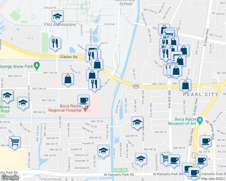map of restaurants, bars, coffee shops, grocery stores, and more near 614 Northwest 13th Street in Boca Raton