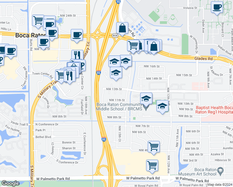 map of restaurants, bars, coffee shops, grocery stores, and more near 1171 Northwest 15th Court in Boca Raton