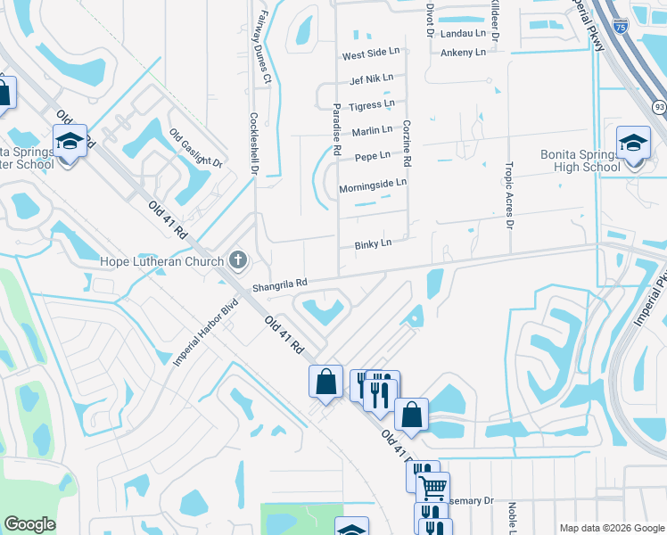 map of restaurants, bars, coffee shops, grocery stores, and more near 10201 Shangri-La Road in Bonita Springs