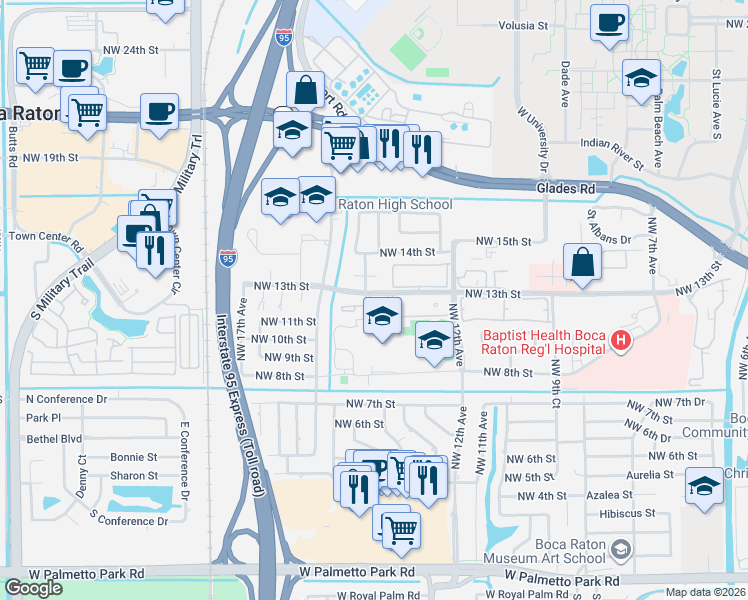 map of restaurants, bars, coffee shops, grocery stores, and more near 1330 Northwest 13th Street in Boca Raton