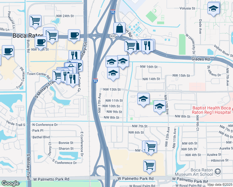 map of restaurants, bars, coffee shops, grocery stores, and more near 1171 Northwest 15th Court in Boca Raton