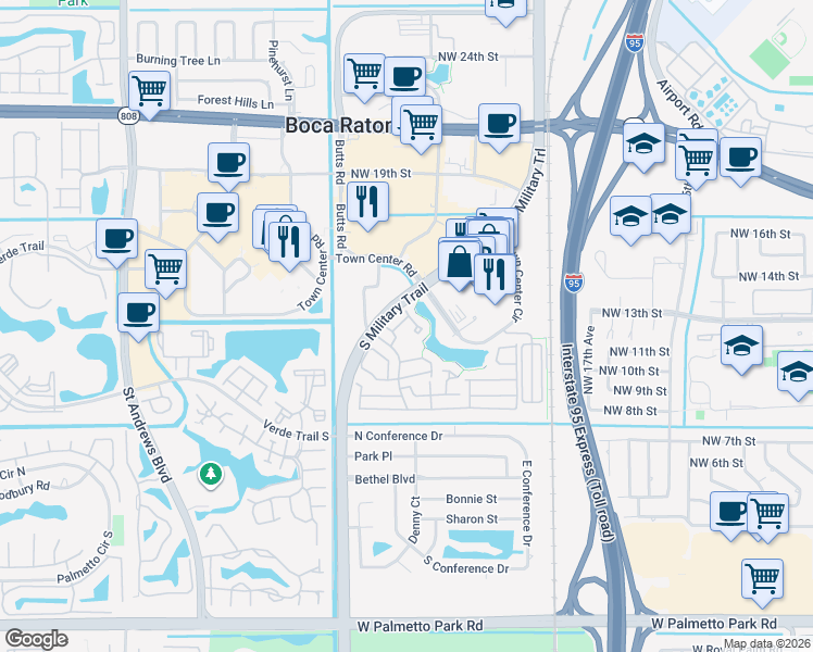 map of restaurants, bars, coffee shops, grocery stores, and more near 5359 Buckhead Circle in Boca Raton