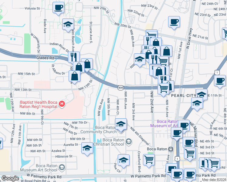 map of restaurants, bars, coffee shops, grocery stores, and more near 478 Northwest 13th Street in Boca Raton