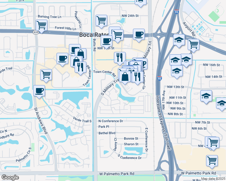 map of restaurants, bars, coffee shops, grocery stores, and more near 5295 Buckhead Circle in Boca Raton