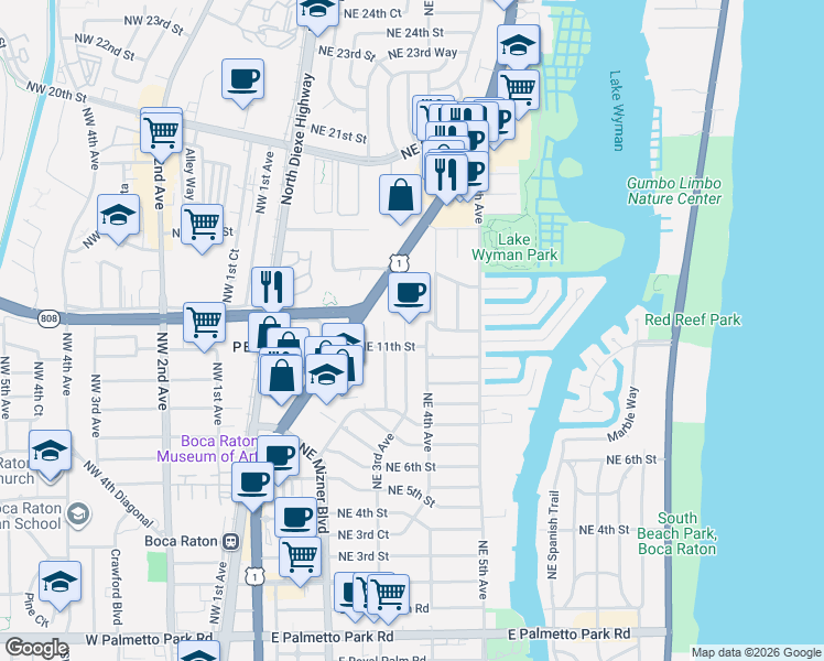 map of restaurants, bars, coffee shops, grocery stores, and more near 1132 Northeast 3rd Avenue in Boca Raton