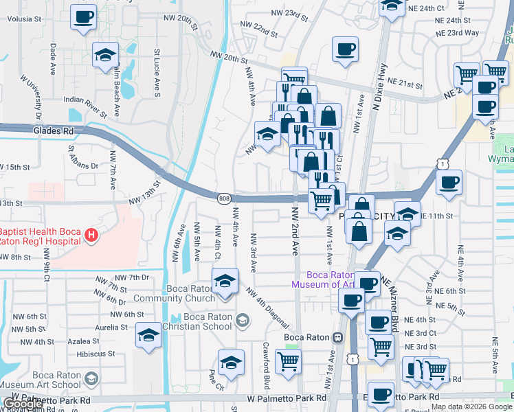map of restaurants, bars, coffee shops, grocery stores, and more near 299 Northwest 12th Street in Boca Raton