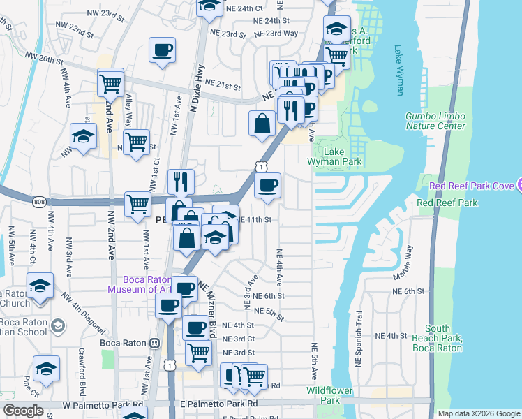 map of restaurants, bars, coffee shops, grocery stores, and more near 1132 Northeast 3rd Avenue in Boca Raton