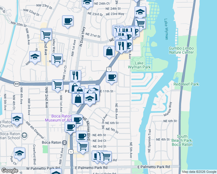map of restaurants, bars, coffee shops, grocery stores, and more near 1163 Northeast 3rd Avenue in Boca Raton