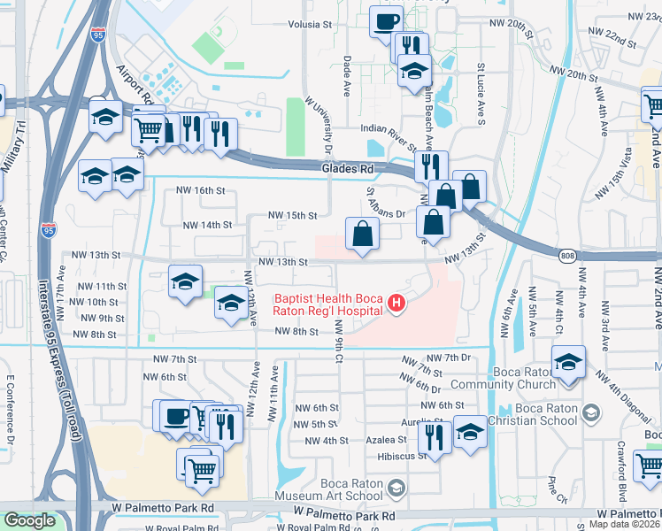 map of restaurants, bars, coffee shops, grocery stores, and more near 1000 Northwest 13th Street in Boca Raton