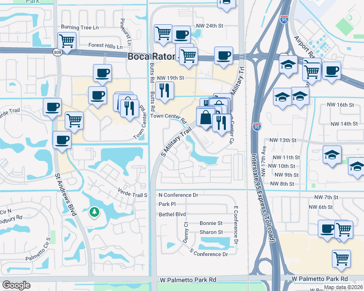 map of restaurants, bars, coffee shops, grocery stores, and more near 5359 Buckhead Circle in Boca Raton