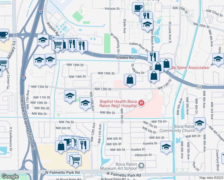 map of restaurants, bars, coffee shops, grocery stores, and more near 1074 Northwest 13th Street in Boca Raton