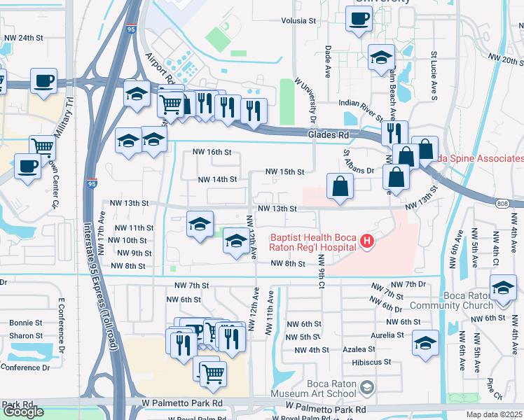 map of restaurants, bars, coffee shops, grocery stores, and more near 1150 Northwest 13th Street in Boca Raton