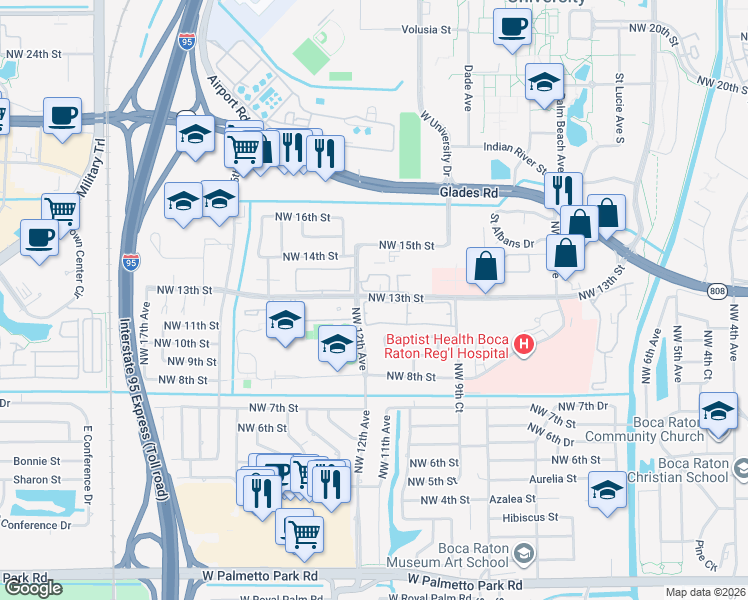 map of restaurants, bars, coffee shops, grocery stores, and more near 1150 Northwest 13th Street in Boca Raton
