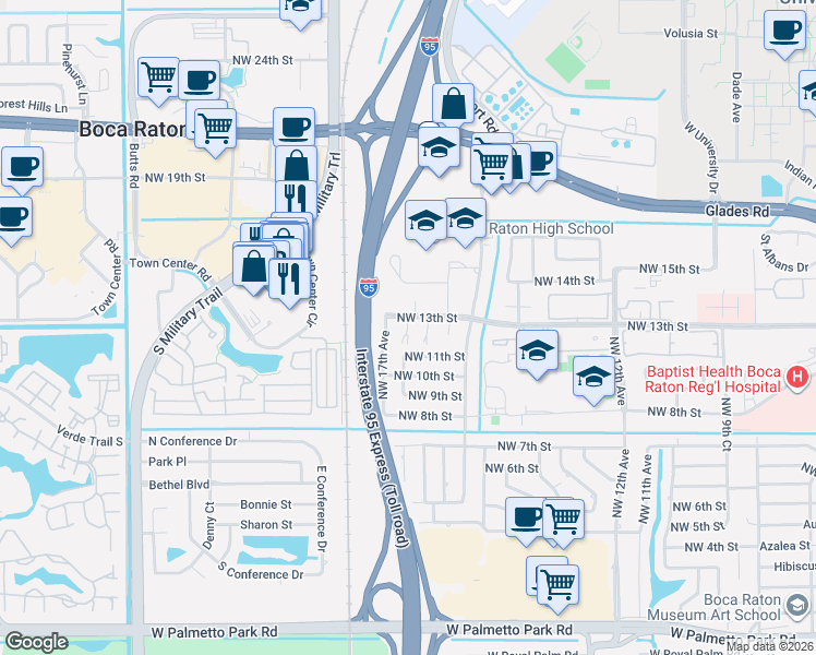 map of restaurants, bars, coffee shops, grocery stores, and more near 1220 Northwest 16th Court in Boca Raton