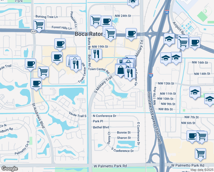 map of restaurants, bars, coffee shops, grocery stores, and more near 5359 Buckhead Circle in Boca Raton