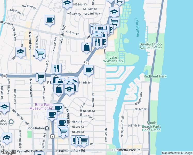 map of restaurants, bars, coffee shops, grocery stores, and more near 440 Northeast 12th Street in Boca Raton