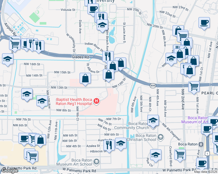map of restaurants, bars, coffee shops, grocery stores, and more near 601-745 8th St in Boca Raton