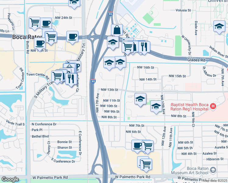 map of restaurants, bars, coffee shops, grocery stores, and more near 1171 Northwest 15th Court in Boca Raton