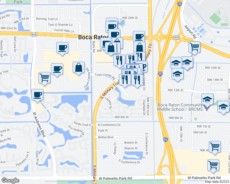 map of restaurants, bars, coffee shops, grocery stores, and more near 5295 Buckhead Circle in Boca Raton