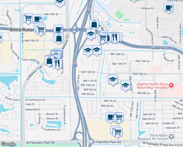 map of restaurants, bars, coffee shops, grocery stores, and more near 1171 Northwest 15th Court in Boca Raton