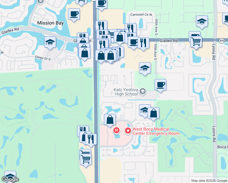 map of restaurants, bars, coffee shops, grocery stores, and more near 21180 La Vista Circle in Boca Raton