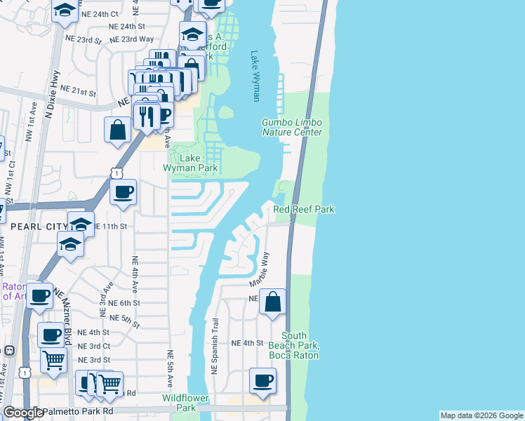 map of restaurants, bars, coffee shops, grocery stores, and more near 1134 Marble Way in Boca Raton