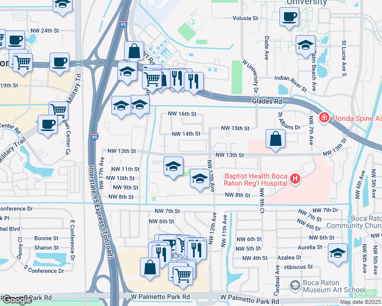 map of restaurants, bars, coffee shops, grocery stores, and more near 1240 Northwest 13th Street in Boca Raton