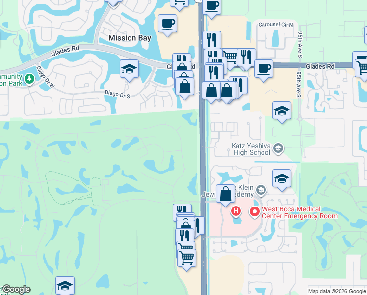 map of restaurants, bars, coffee shops, grocery stores, and more near 11386 Boca Woods Lane in Boca Raton