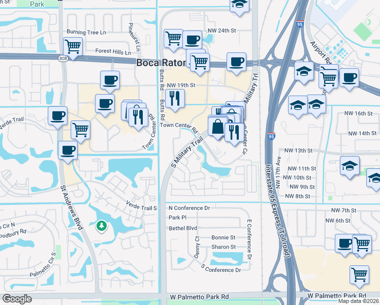 map of restaurants, bars, coffee shops, grocery stores, and more near 5359 Buckhead Circle in Boca Raton
