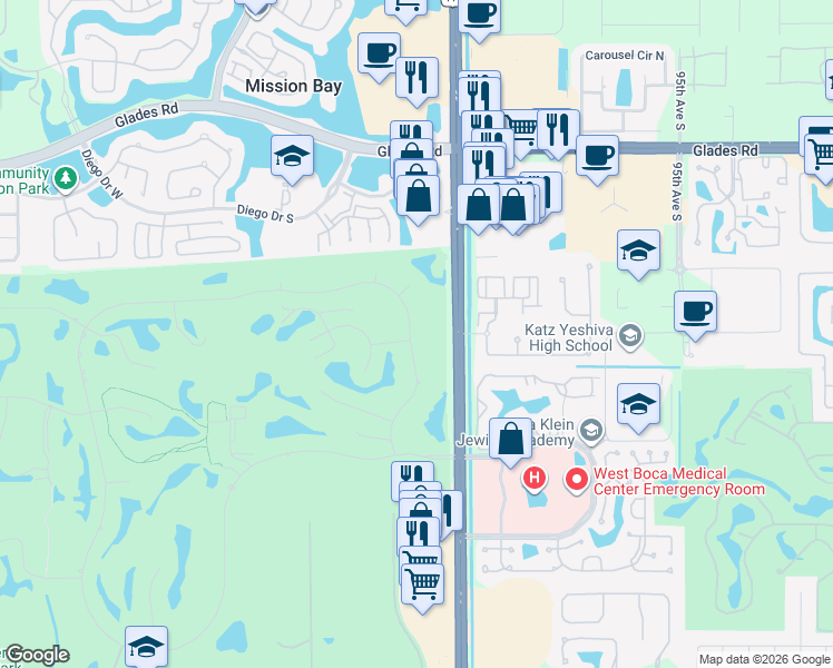 map of restaurants, bars, coffee shops, grocery stores, and more near 11386 Boca Woods Lane in Boca Raton