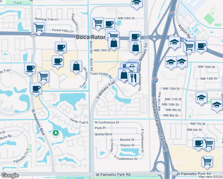 map of restaurants, bars, coffee shops, grocery stores, and more near 5295 Buckhead Circle in Boca Raton
