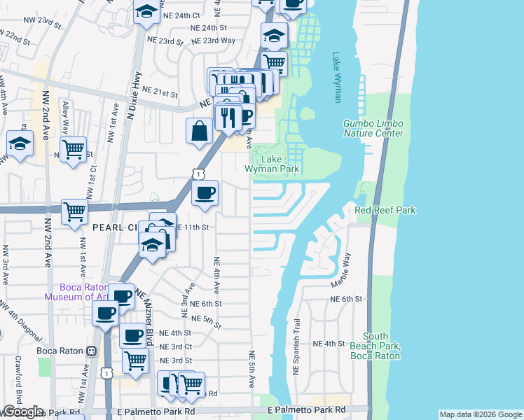 map of restaurants, bars, coffee shops, grocery stores, and more near 520 Phillips Drive in Boca Raton