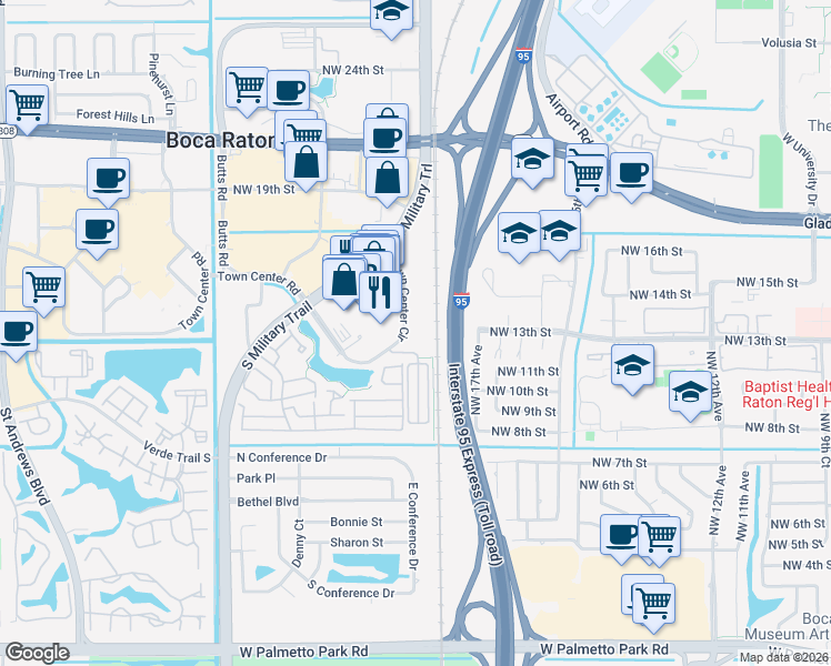 map of restaurants, bars, coffee shops, grocery stores, and more near 1220 Southwest 18th Street in Boca Raton