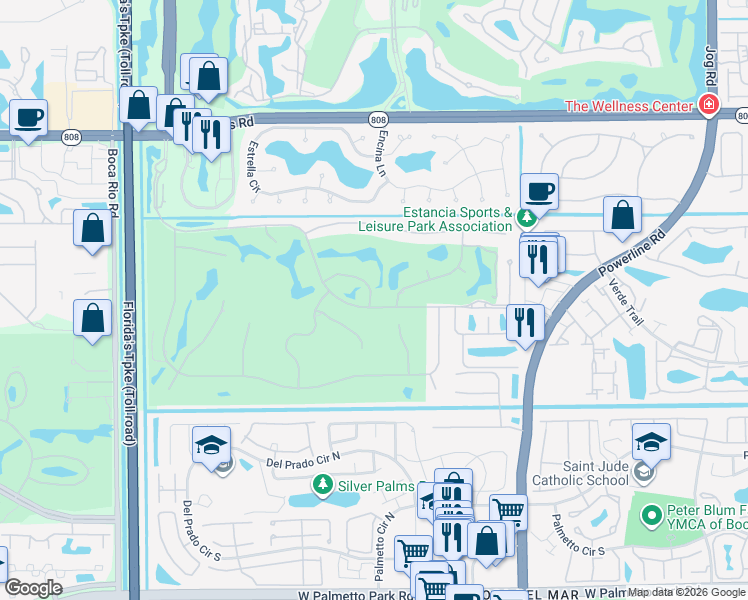 map of restaurants, bars, coffee shops, grocery stores, and more near 21259 Greenwood Court in Boca Raton
