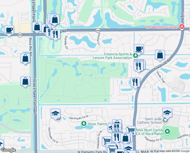 map of restaurants, bars, coffee shops, grocery stores, and more near 21259 Greenwood Court in Boca Raton