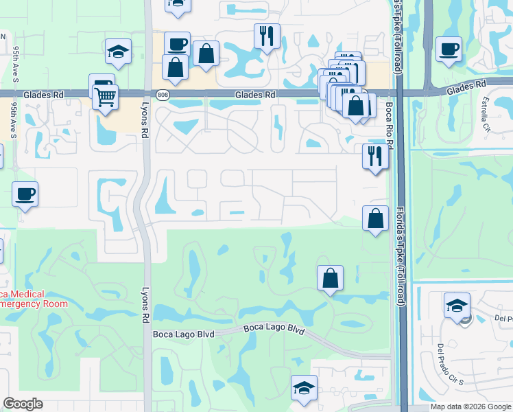map of restaurants, bars, coffee shops, grocery stores, and more near 8599 Vía Giardino in Boca Raton