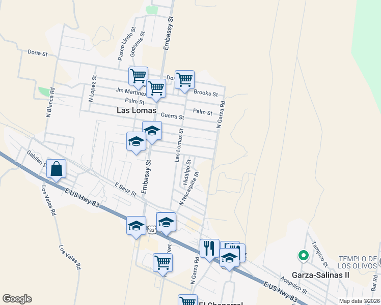 map of restaurants, bars, coffee shops, grocery stores, and more near 257 Las Lomas in Rio Grande City