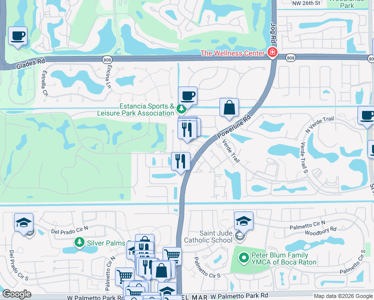 map of restaurants, bars, coffee shops, grocery stores, and more near 21065 Powerline Road in Boca Raton