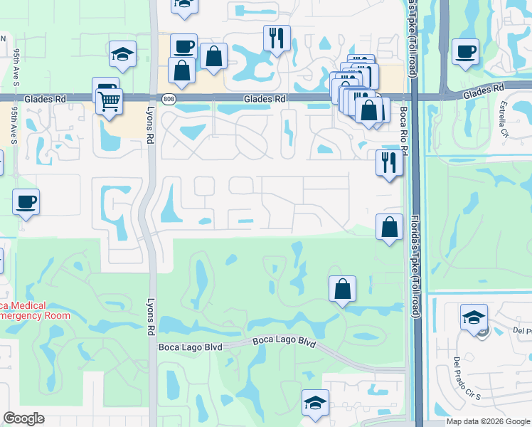 map of restaurants, bars, coffee shops, grocery stores, and more near 8599 Vía Giardino in Boca Raton