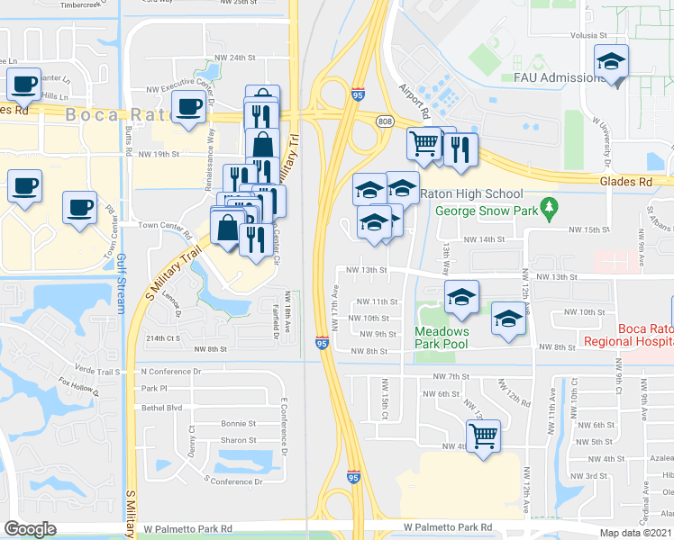 map of restaurants, bars, coffee shops, grocery stores, and more near NW 13th St & NW 17th Ave in Boca Raton