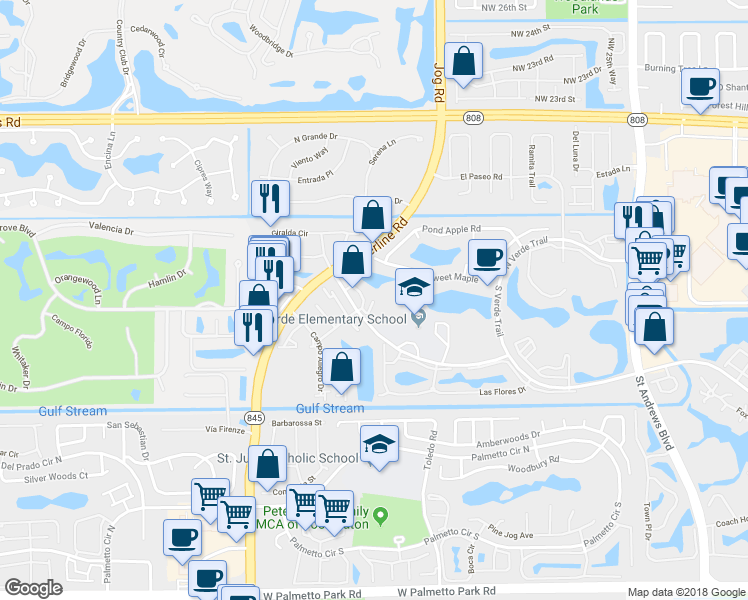 map of restaurants, bars, coffee shops, grocery stores, and more near 6604 Boca Pines Trail in Boca Raton