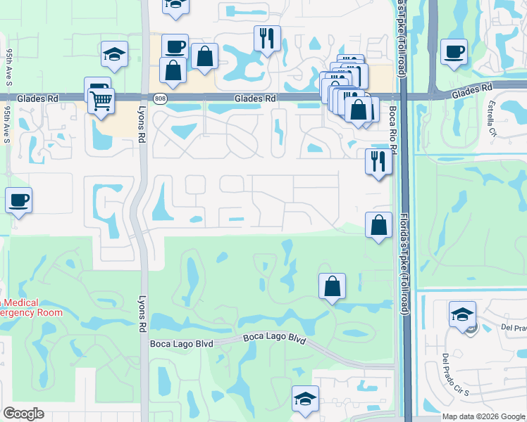 map of restaurants, bars, coffee shops, grocery stores, and more near 8599 Vía Giardino in Boca Raton
