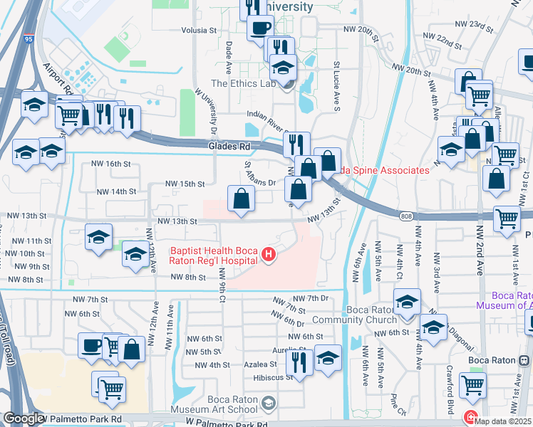 map of restaurants, bars, coffee shops, grocery stores, and more near 1400 Northwest 9th Avenue in Boca Raton
