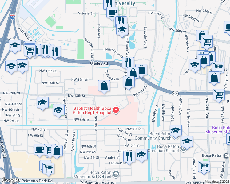 map of restaurants, bars, coffee shops, grocery stores, and more near 1400 Northwest 9th Avenue in Boca Raton