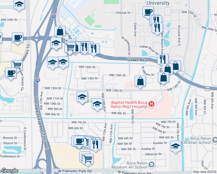 map of restaurants, bars, coffee shops, grocery stores, and more near 1169 Northwest 13th Street in Boca Raton