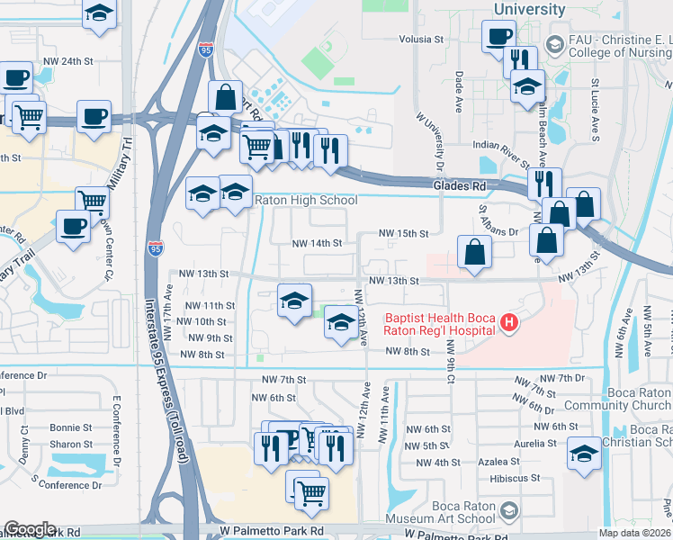map of restaurants, bars, coffee shops, grocery stores, and more near 1200 Northwest 14th Street in Boca Raton